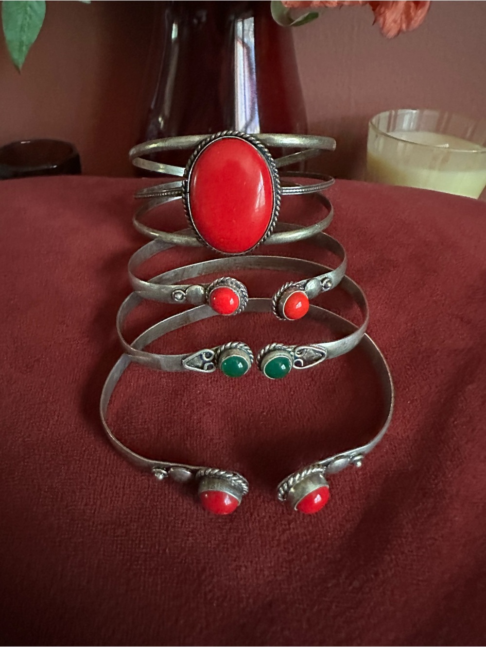 Vintage Sterling-Style Red and Green Stone light weight Cuff Bracelet Set